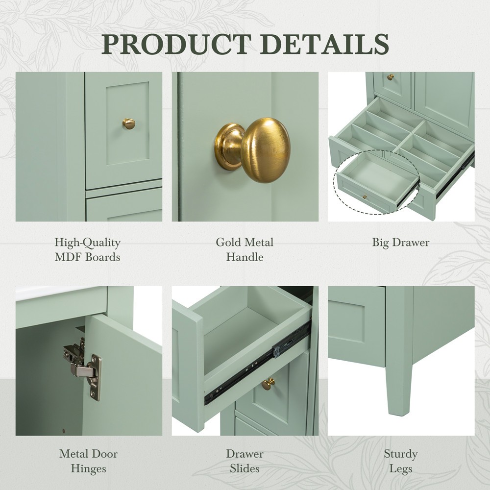 24″ Bathroom Vanity w/Ceramic Sink, Freestanding Vanity Cabinet, 3 Drawers, Door