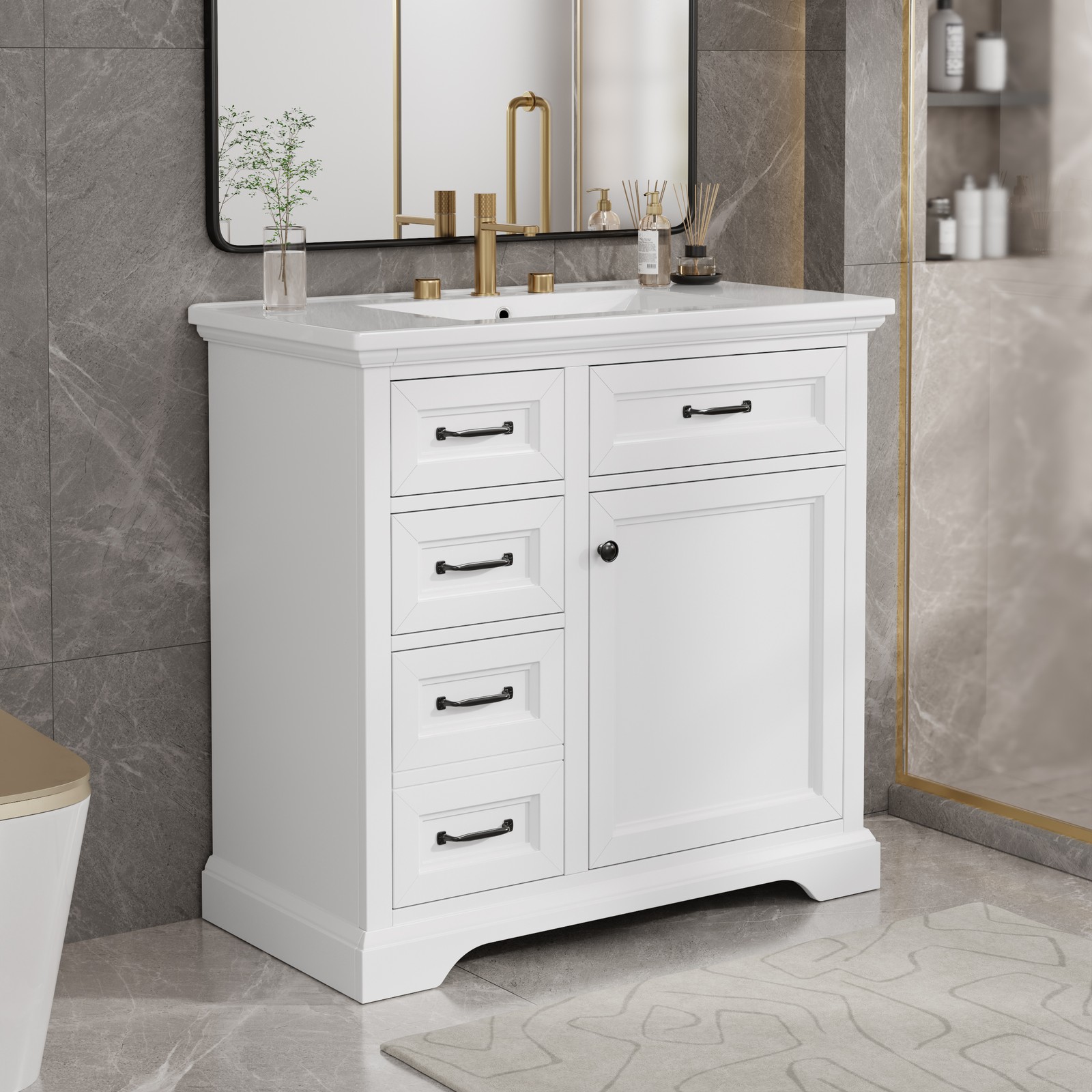 36″ Bathroom Vanity with Ceramic Sink Top, 4 Drawers & 1 Soft-Close Door