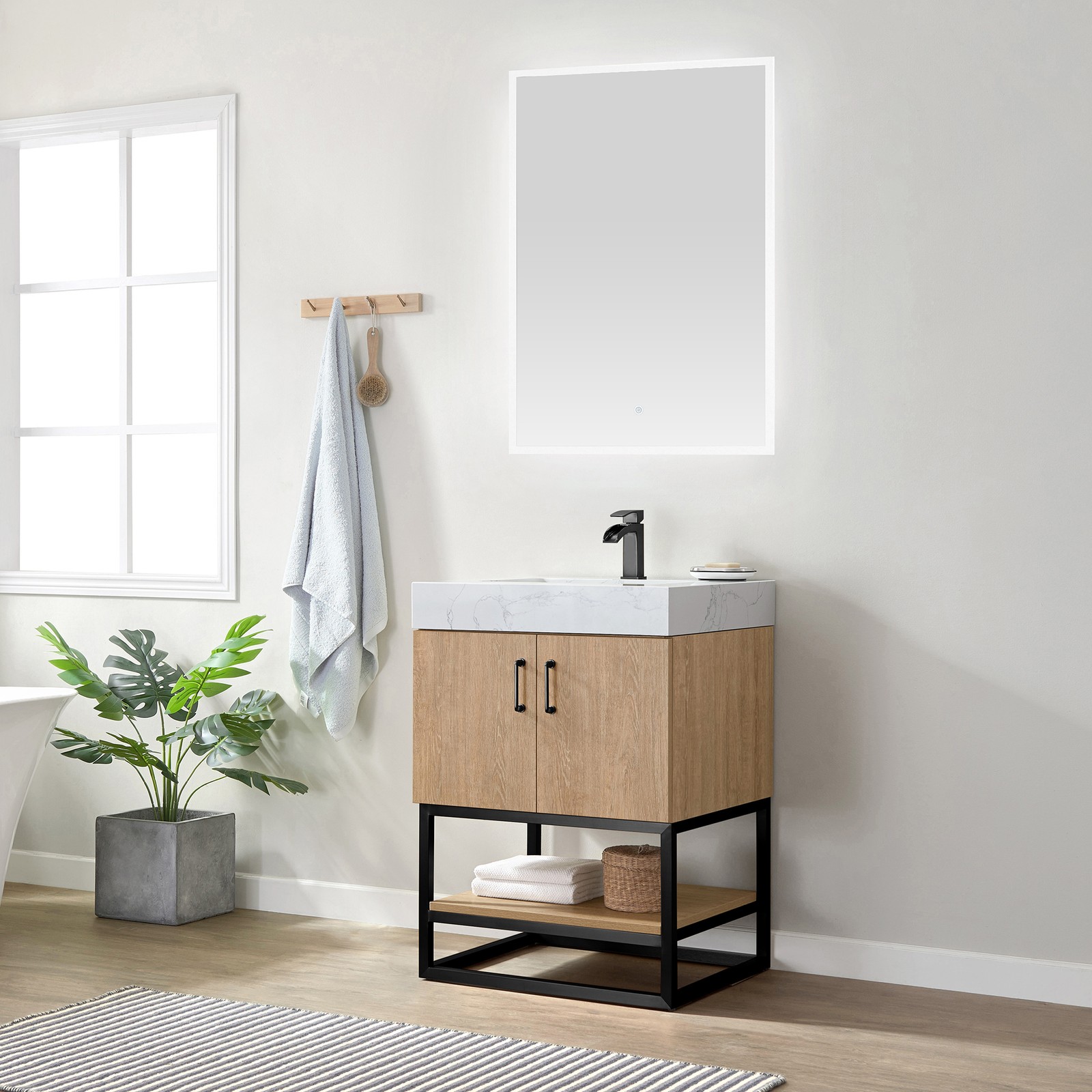 Vinnova Alistair 24″ White Stone Top Oak Single Vanity Black Frame w/o Mirror