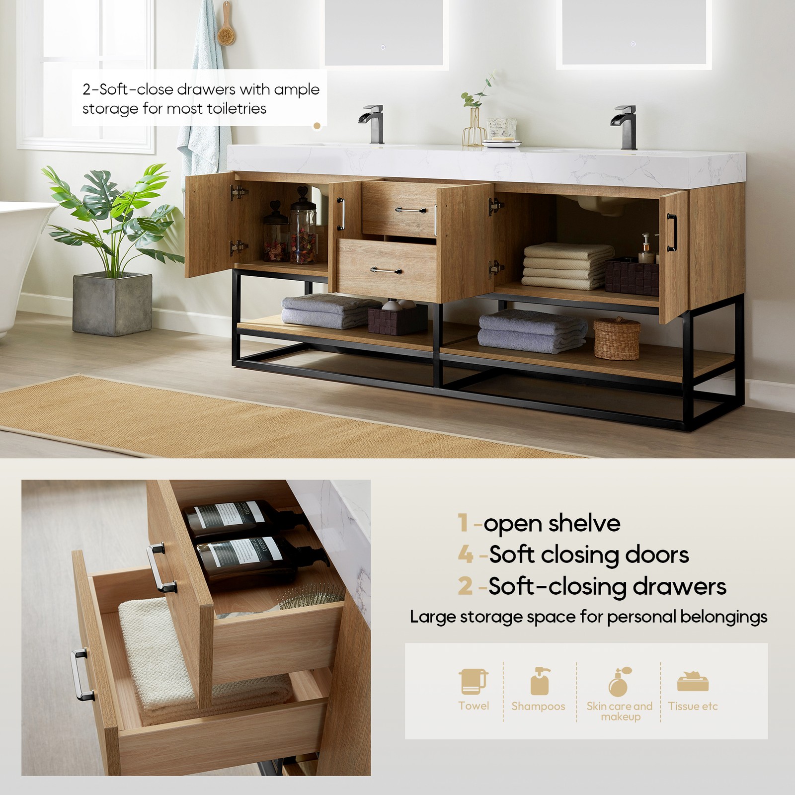 Vinnova Alistair 72″ White Stone Top Oak Double Vanity Black Frame w/o Mirror