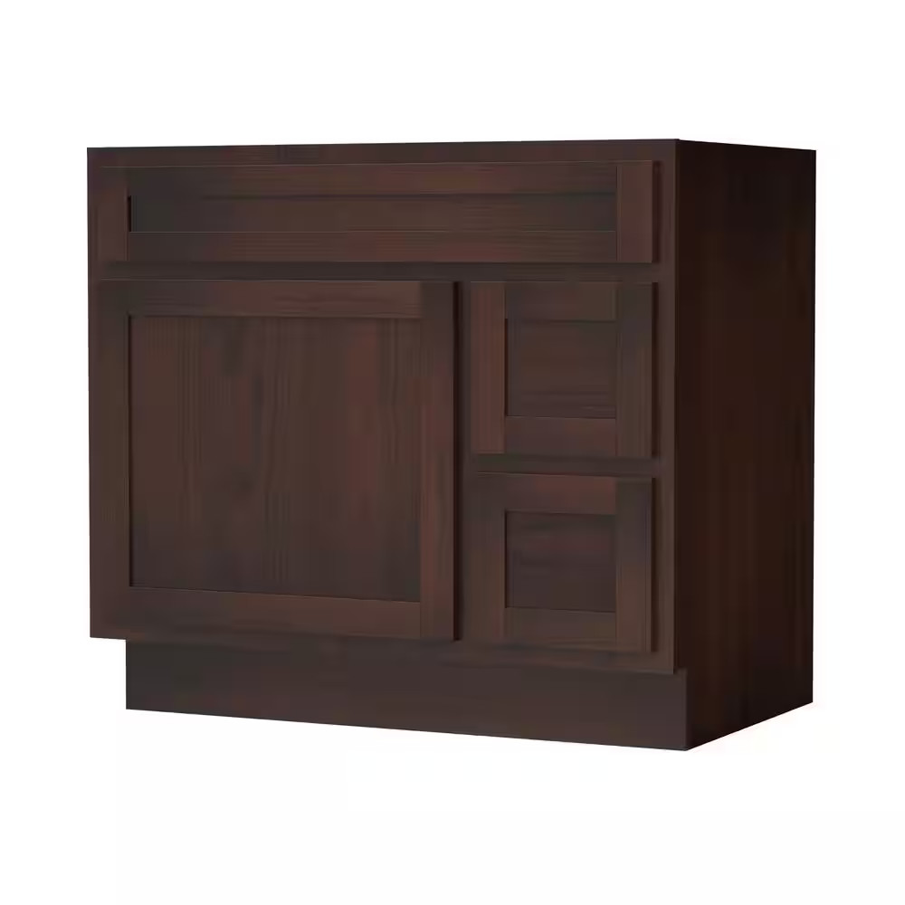 36 In. W X 21 In. D X 32.5 In. H 2-Right Drawers Bath Vanity Cabinet Only in Bro