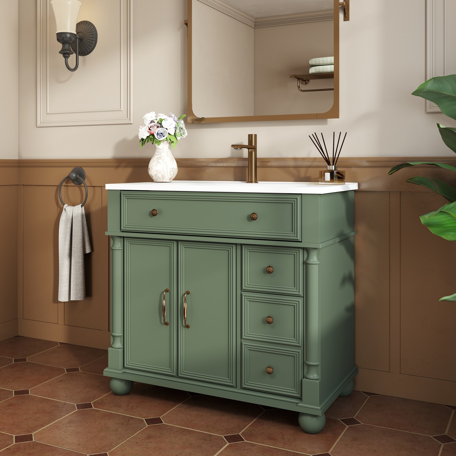 35.6″ Mid-Century Bathroom Cabinet Bathroom Vanity Sink with Roman Column Base