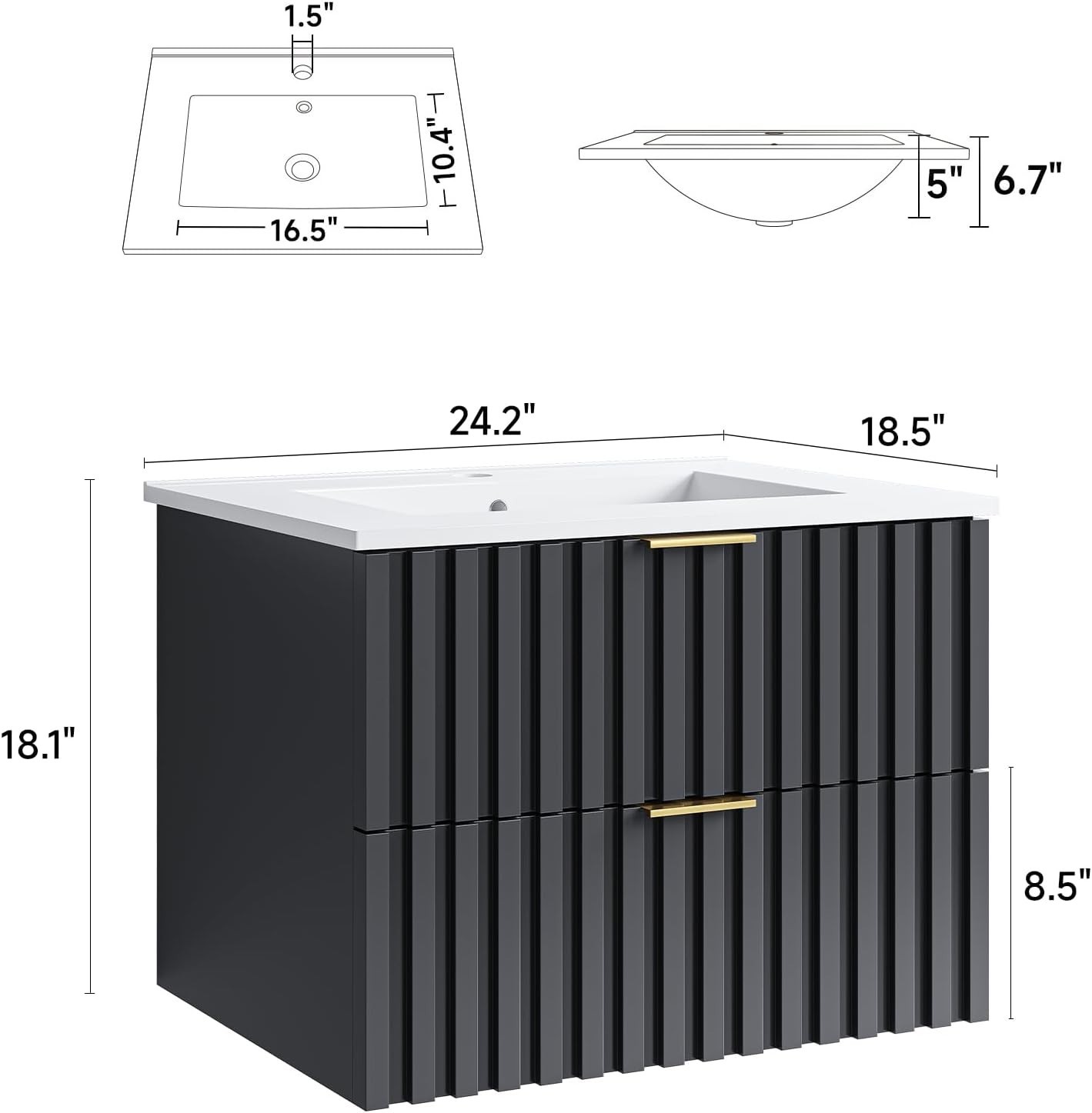 24 Inch Bathroom Vanity W/ Sink Combo Floating Bathroom Vanity W/ 2 Fluted