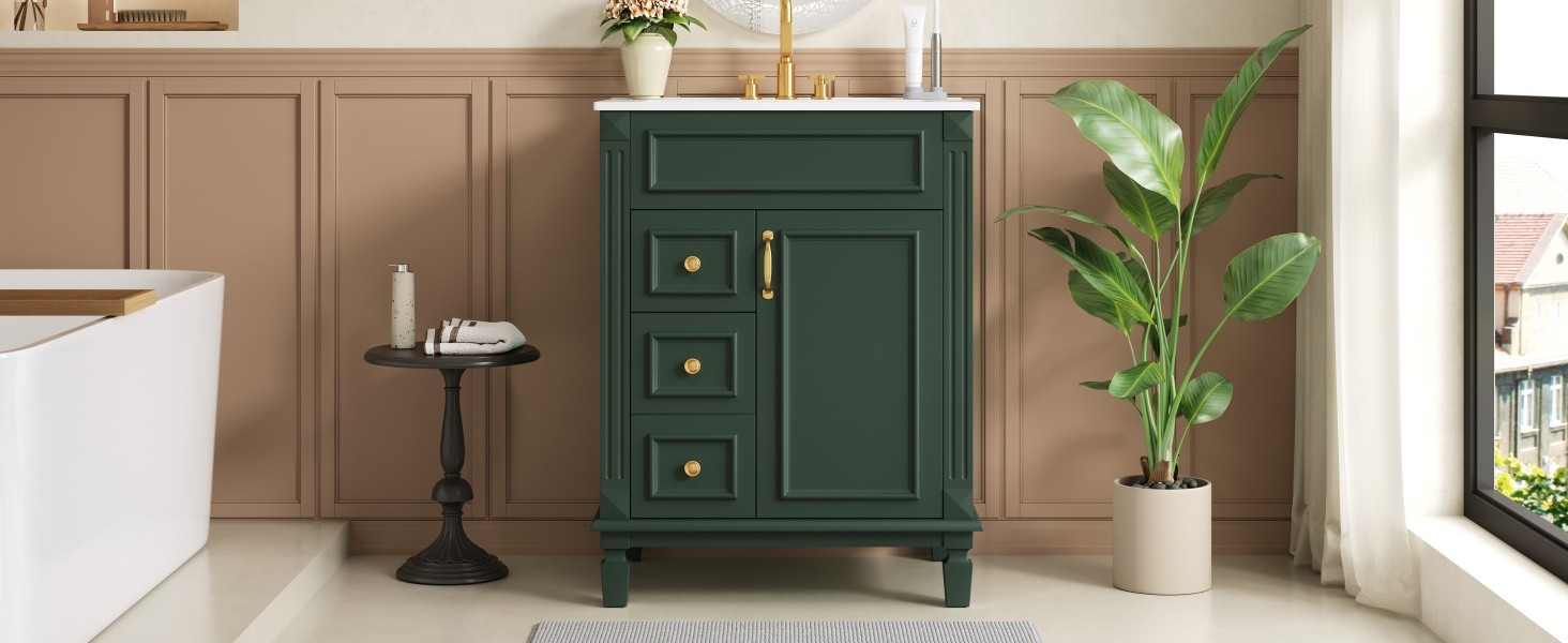 24″ Bathroom Vanity with Ceramic Sink, 2 Drawers, Adjustable Shelf