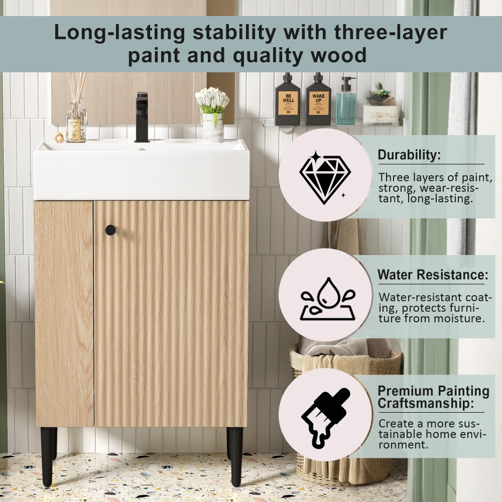 21.6″ Wood Bathroom Vanity，Ceramic Sink，Free-Standing Cabinet，Left Side Storage