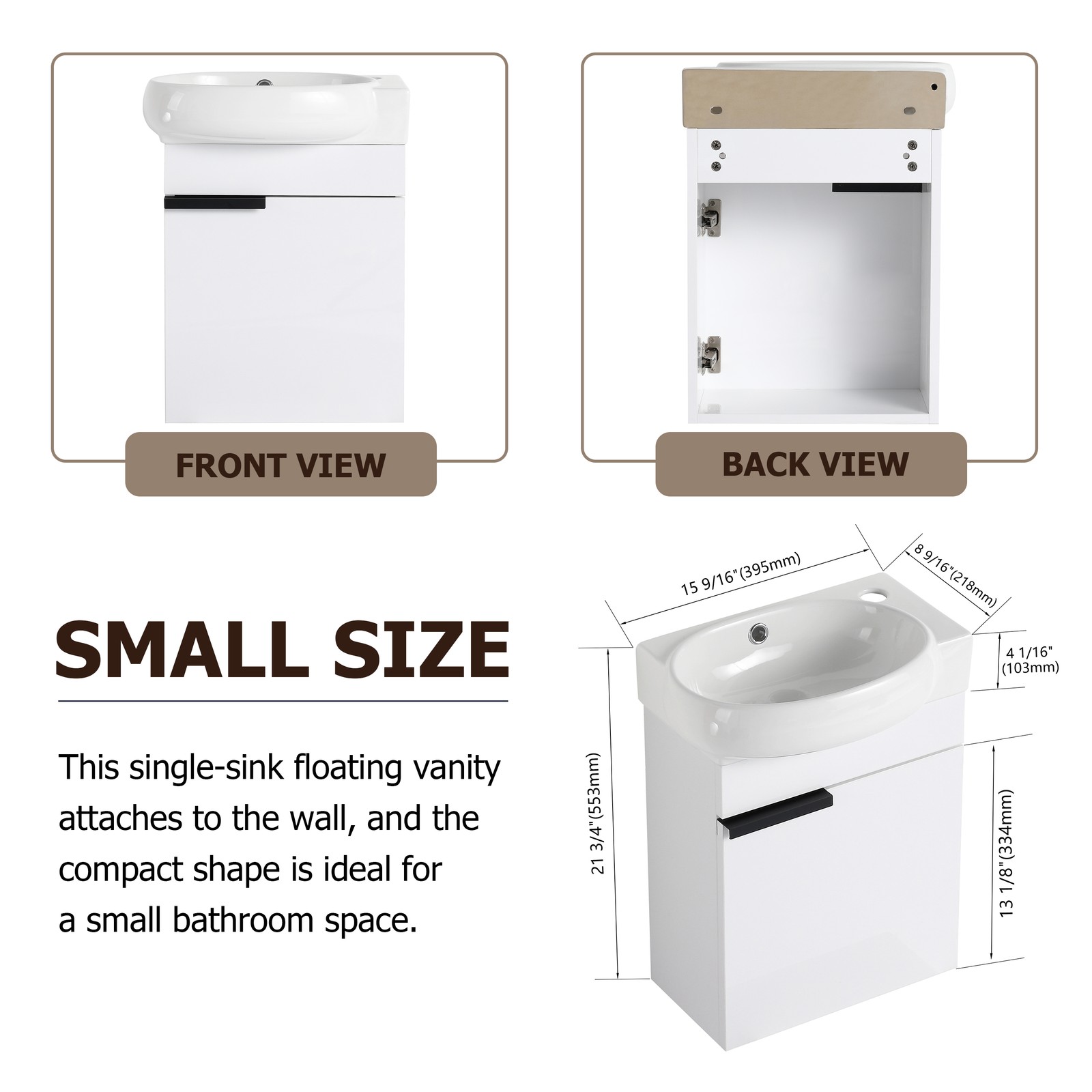 16 in Plywood Bathroom Vanity W/ Sink Combo Wall Mounted for Small Space White