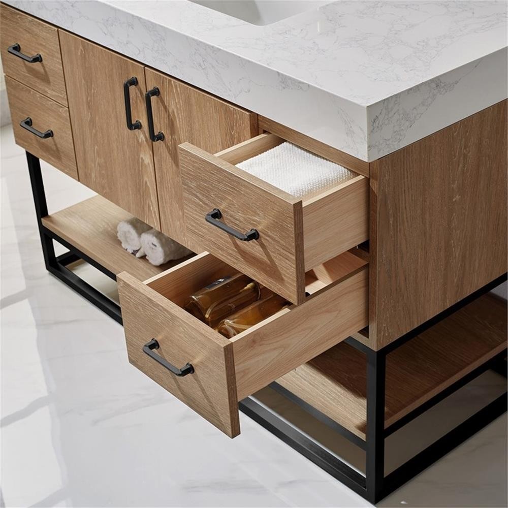 Pemberly Row 48″ White Stone Top Oak Single Vanity Black Frame w/o Mirror