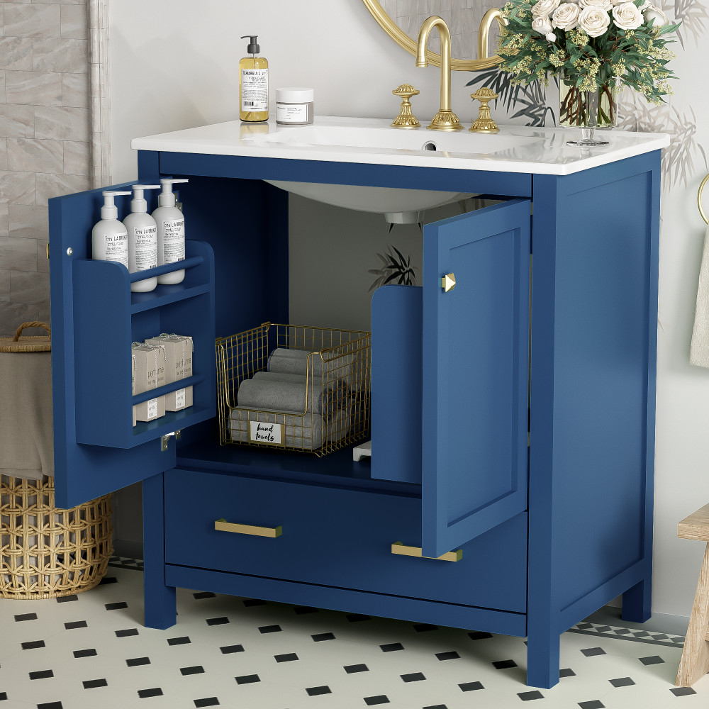 30″ Transitional Bathroom Vanity,Ceramic Sink,2 Door Cabinet & Drawer,Solid Wood