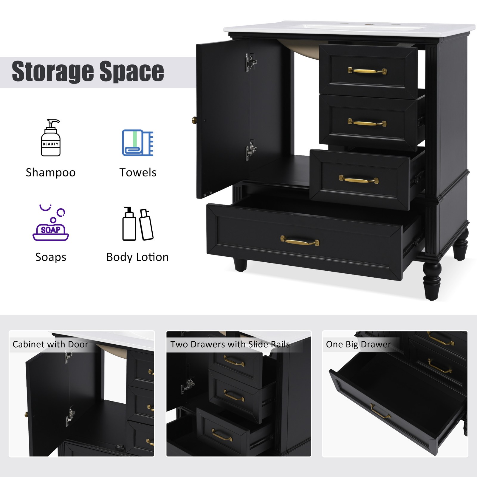 30″ Bathroom Vanity with Sink & Cabinet, Black, Solid Wood & MDF