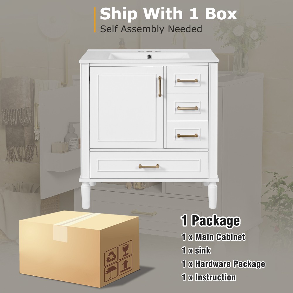 30″ Solid Wood Bathroom Vanity Ceramic Sink Soft Close Door Bath Storage Cabinet