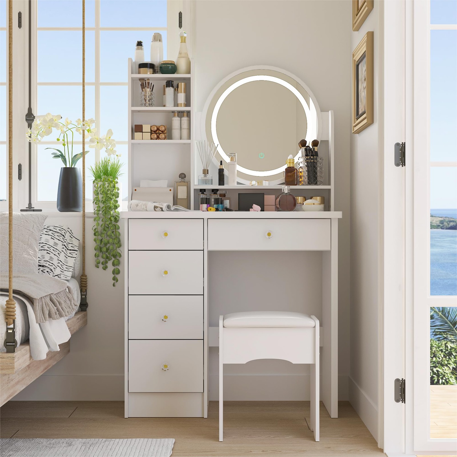 White Vanity Set Round Lighted Mirror Dressing Table 5 Drawers Shelves Stool