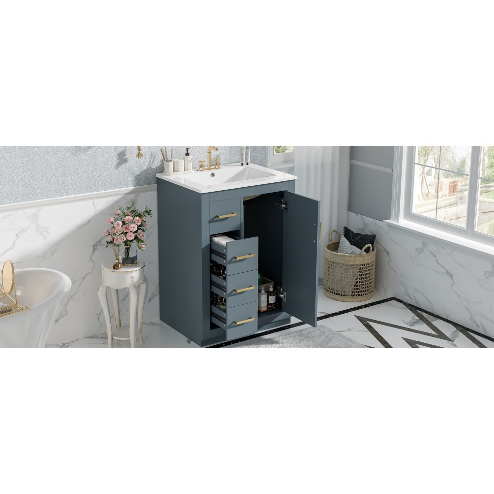 24 Inch Single Sink Bathroom Vanity Ceramic Top Drawers Storage Cabinet