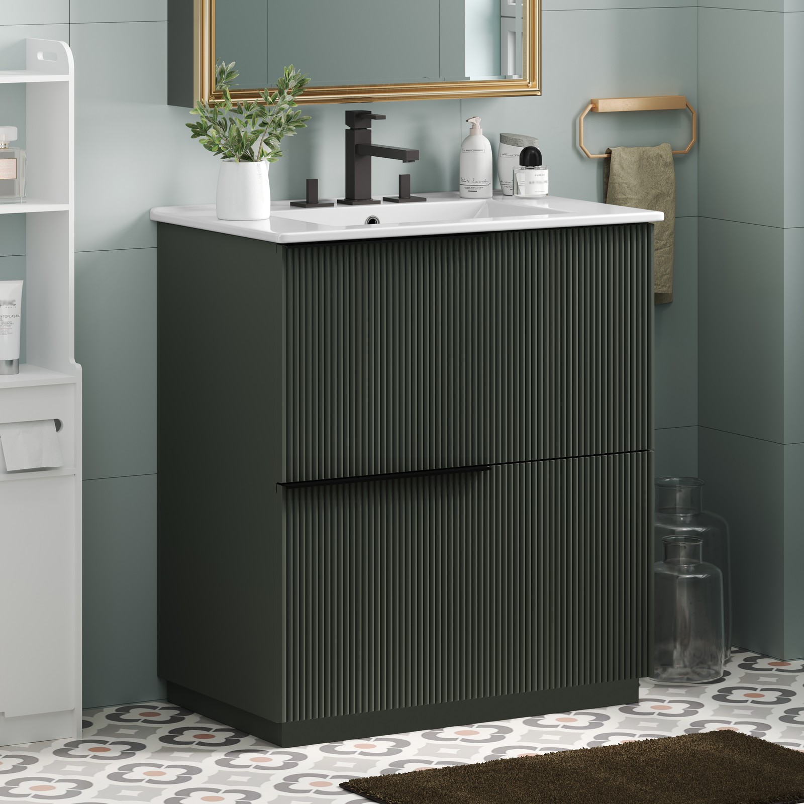 30″ Green Fluted Bathroom Vanity with Ceramic Sink & Soft Close