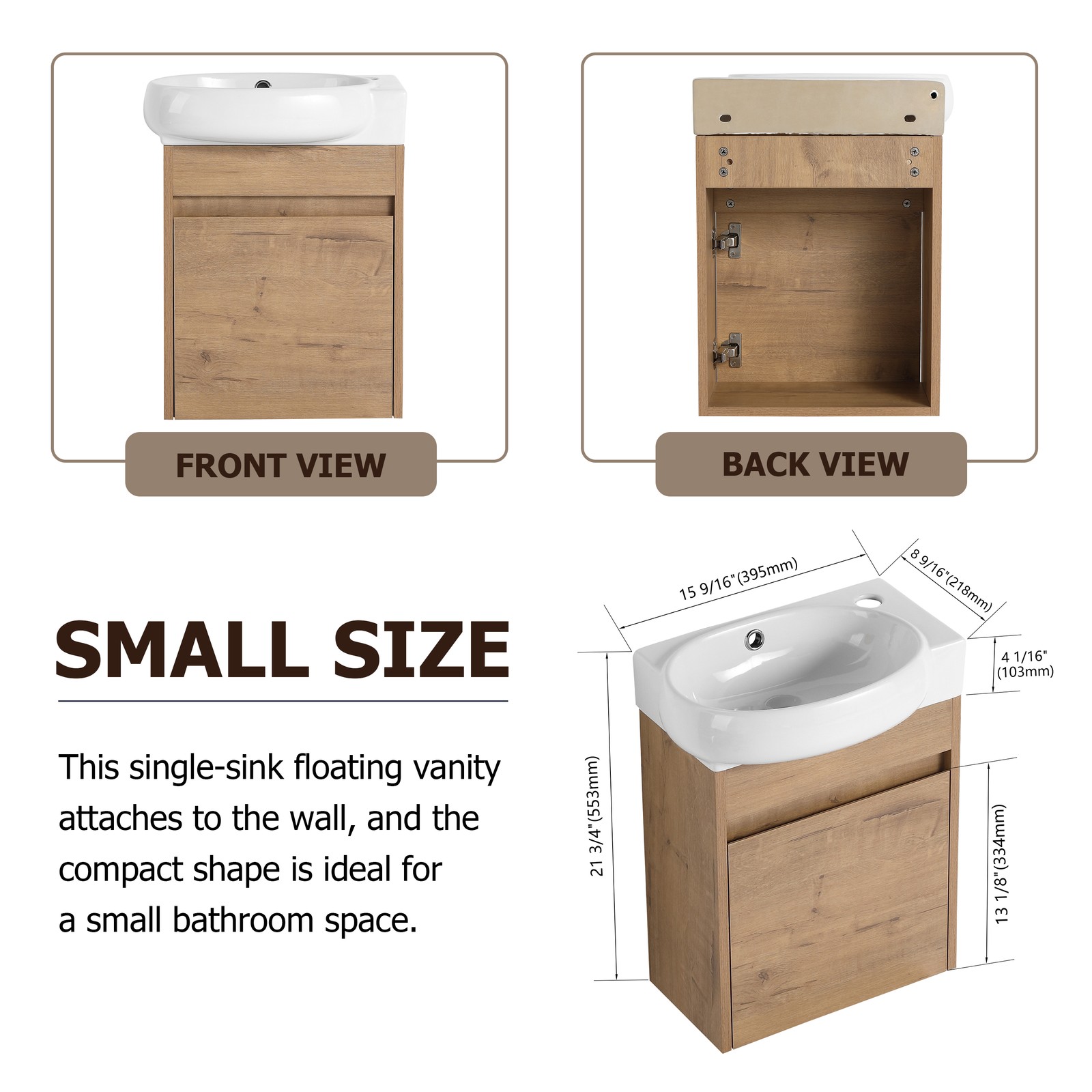 16″ Plywood Bathroom Vanity W/ Sink Basin Combo Wall Mounted for Small Space Oak