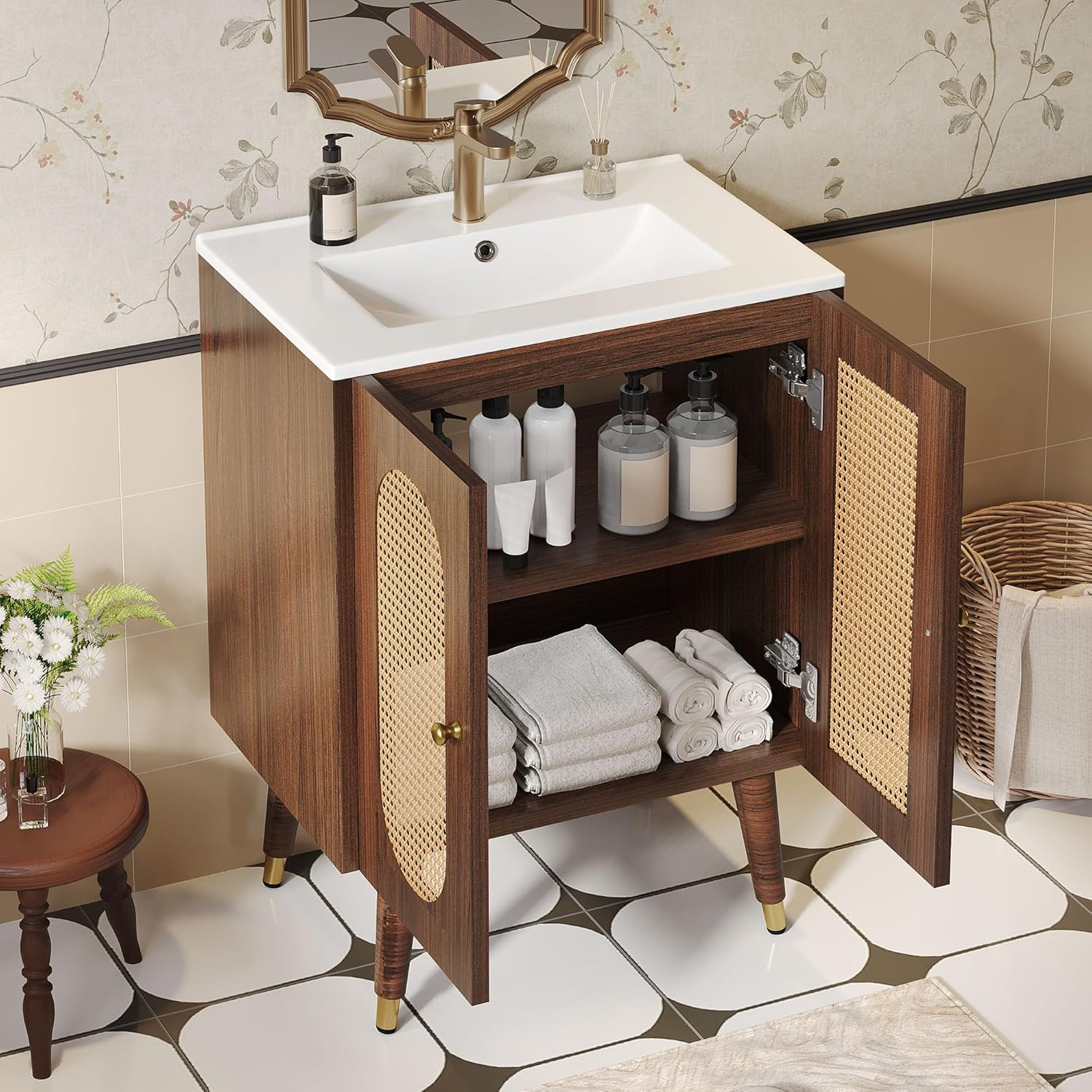 24″ Walnut Rattan Bathroom Vanity with Sink & Soft-Close Doors, Boho Style