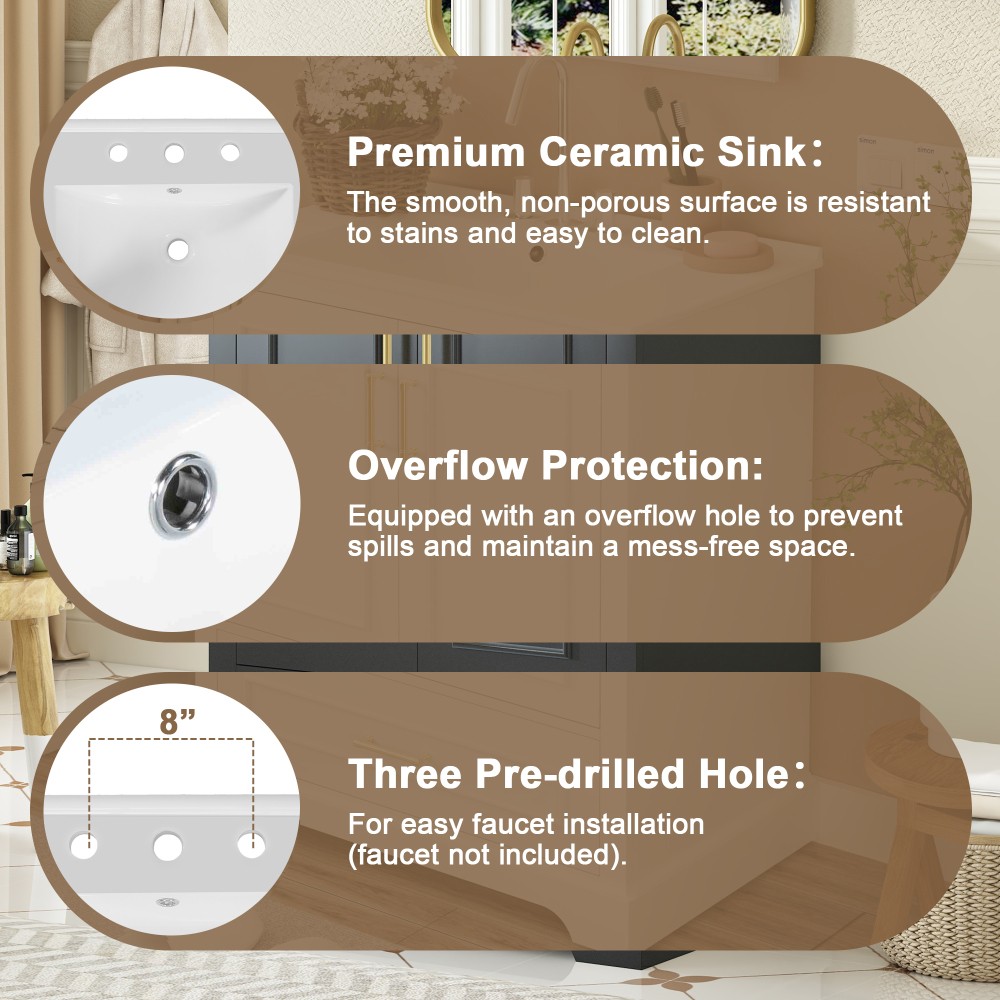 24″Bathroom Vanity with Sink, MDF Cabinet with Solid Wood Frame 1 Divided Drawer