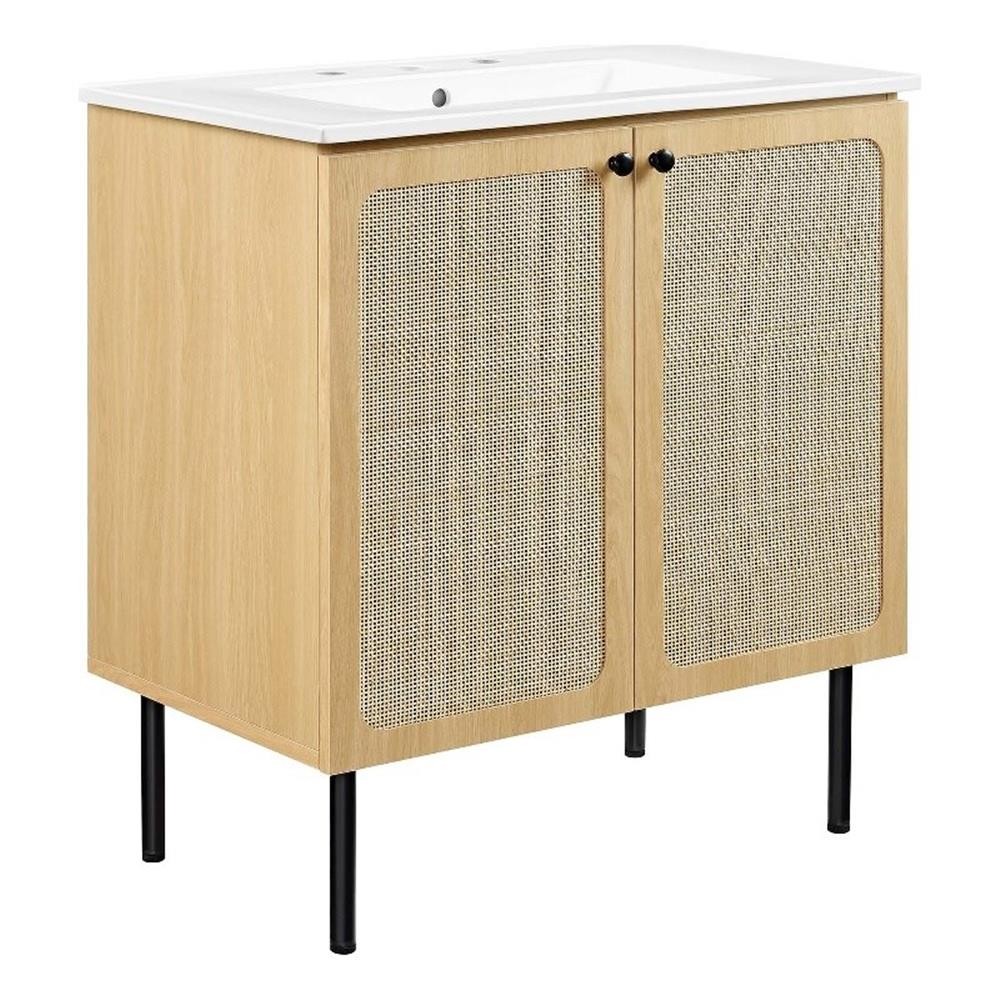 Pemberly Row Contemporary 30″ Wood & Rattan Bathroom Vanity in Oak/White