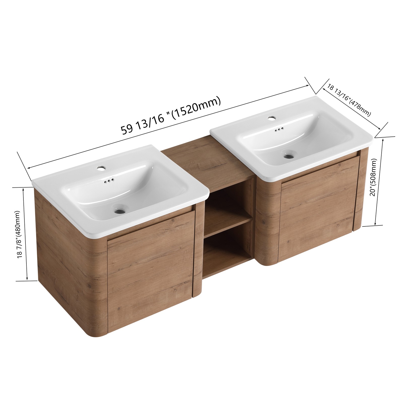 60in Wall-Mounted Bathroom Vanity W/ Double White Ceramic Sink Storage Shelves