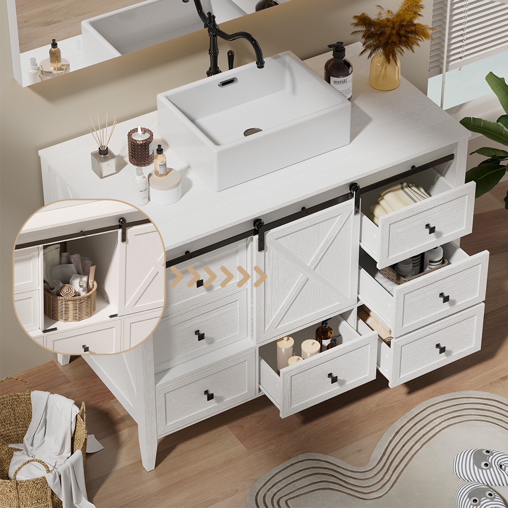 48-inch Bathroom Vanity with Sink Ceramic Freestanding Cabinet Sliding Barn Door
