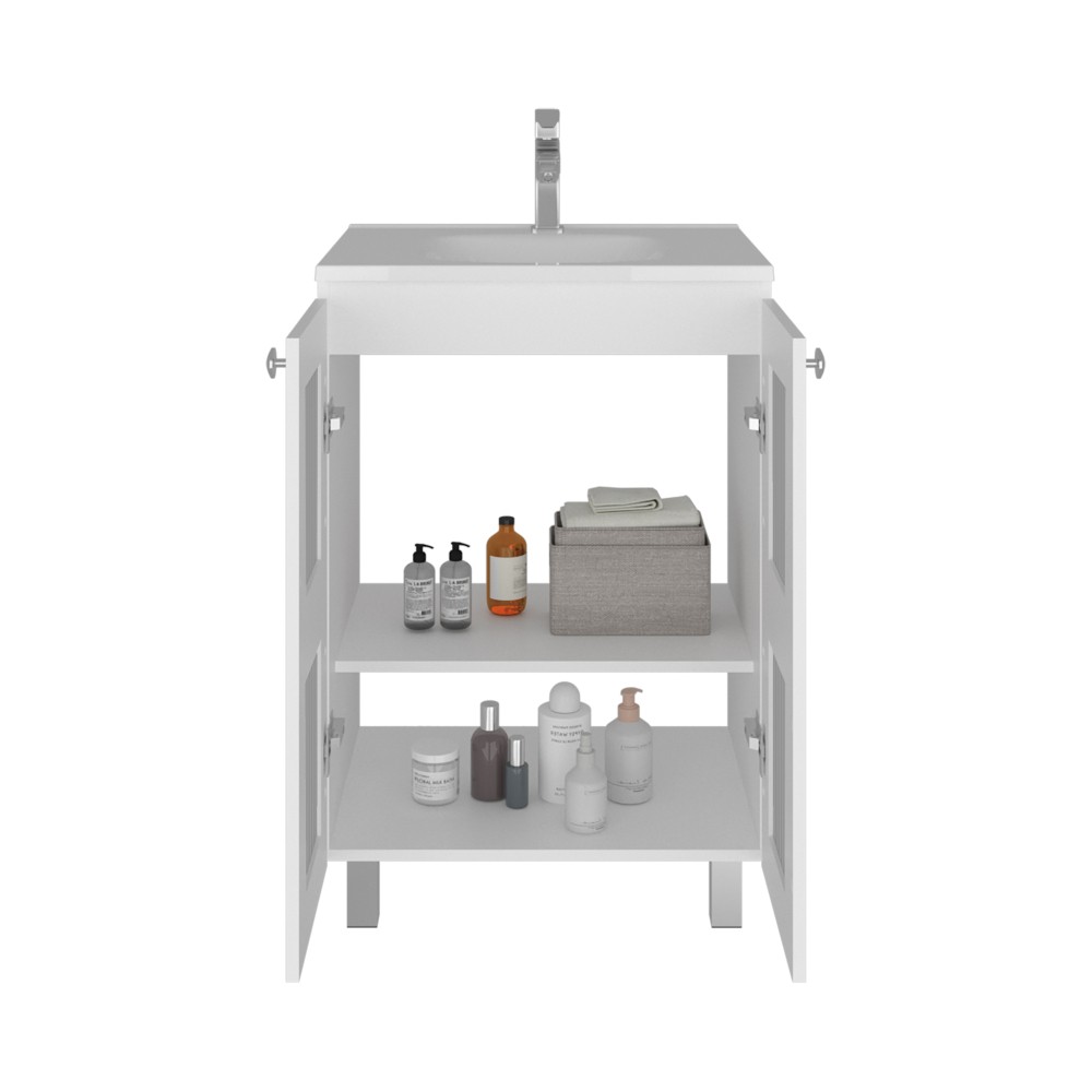 35″ White Bathroom Vanity w/ Resin Sink & Frosted Glass Doors