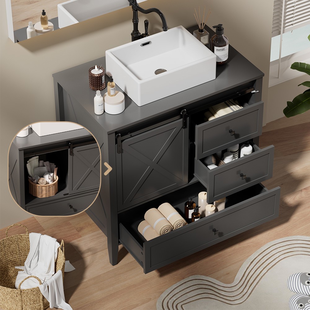 36″ Bathroom Vanity Storage Cabinet Ceramic Sink Countertop w/ 3 Drawers Grey