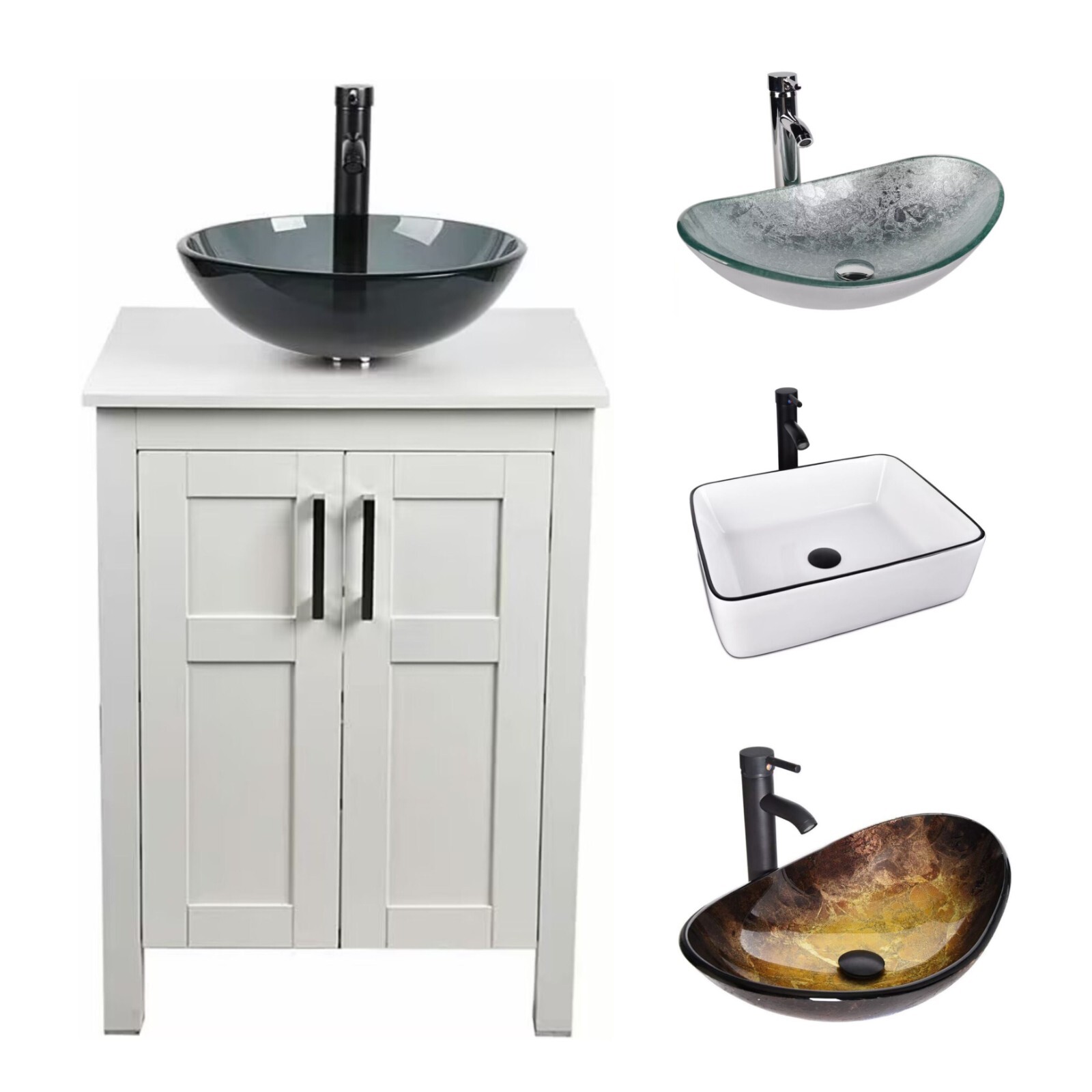 24” Bathroom Vanity Set White Cabinet Vessel Sink Basin w/ Faucet Pop up Drain