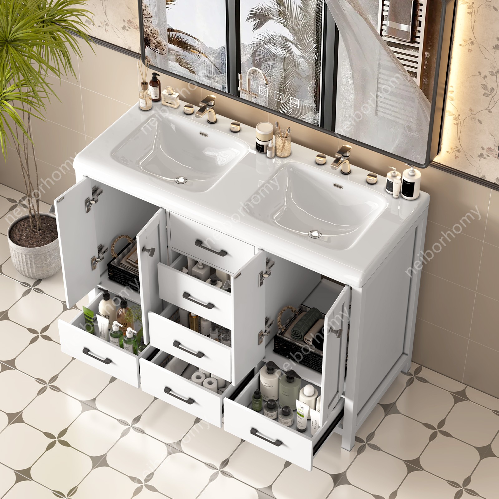 Freestanding Vanity Storage Cabinet 6 Drawers 2 Doors 47″ Bathroom Vanity w/Sink