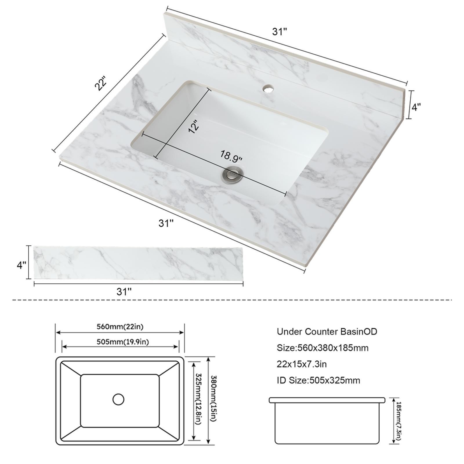 31″x22″Bathroom Vanity Top,sintered stone carra white Barthroom Vanity Sink