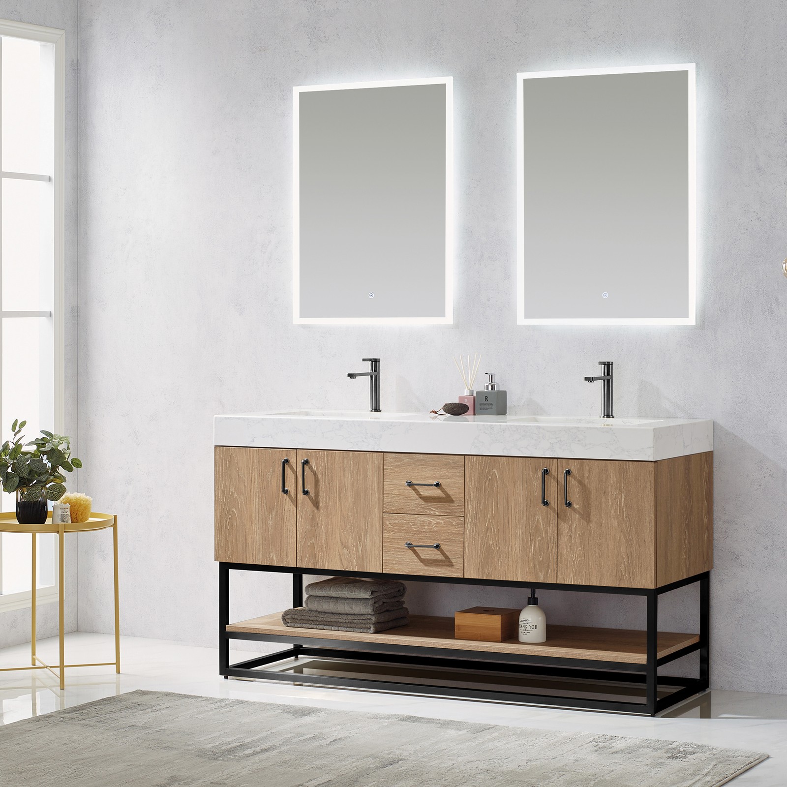 Vinnova Alistair 60″ White Stone Top Oak Double Vanity Black Frame w/o Mirror