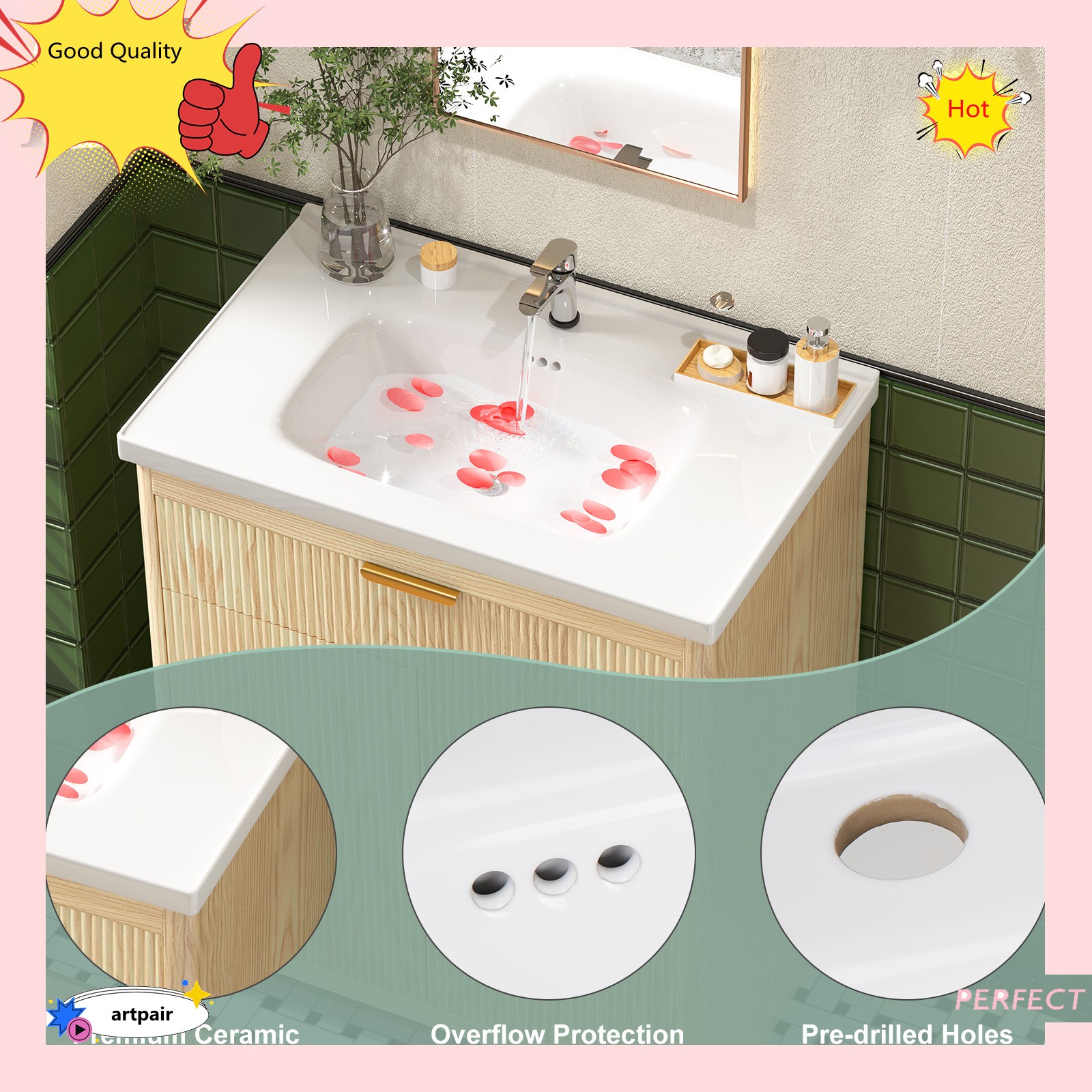 23.6″ Bathroom Wood Vanity &Ceramic Sink,Freestanding Storage Cabinet Vanity NEW