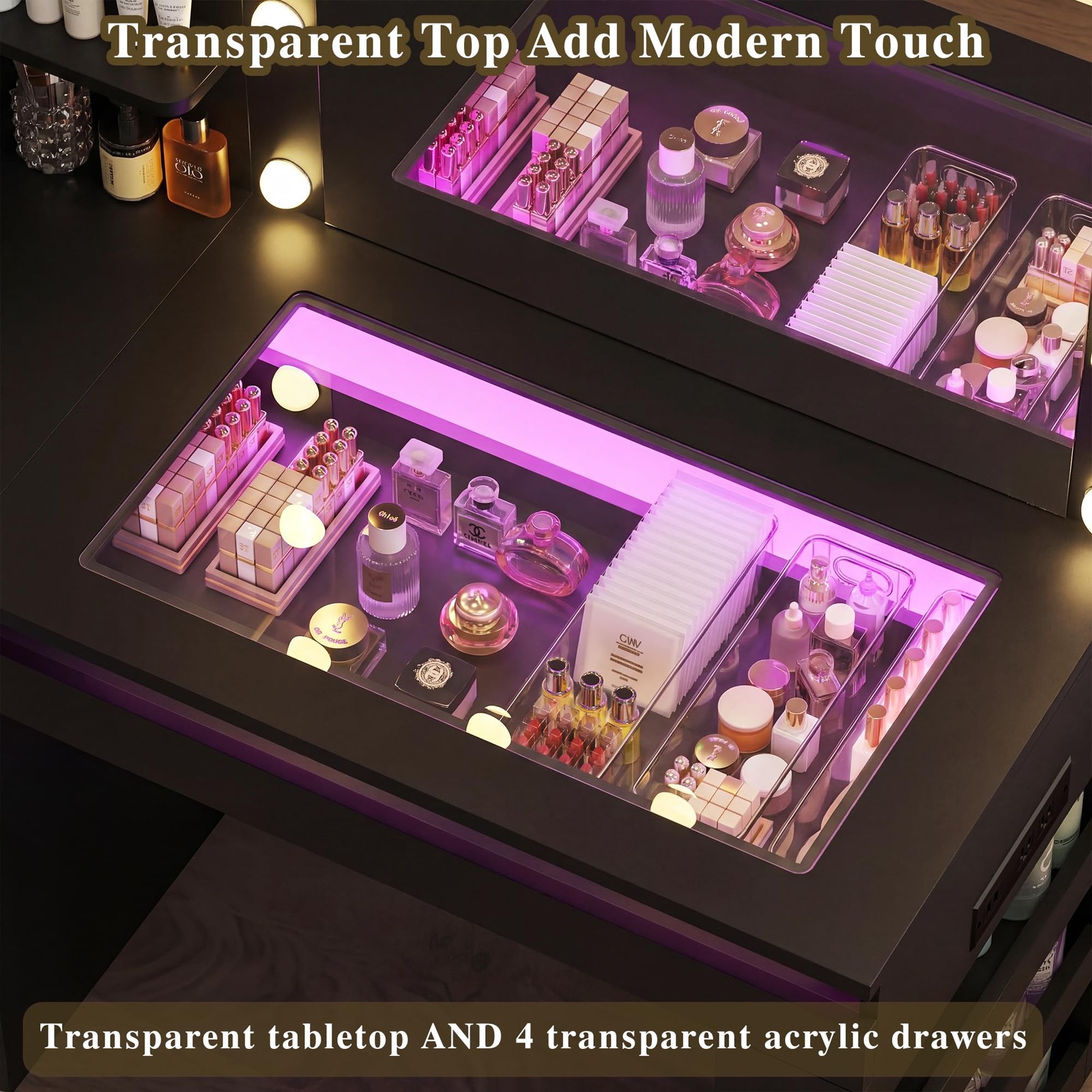 Vanity Desk Lighted Mirror Transparent Drawers RGB Power Outlet Storage Bedroom