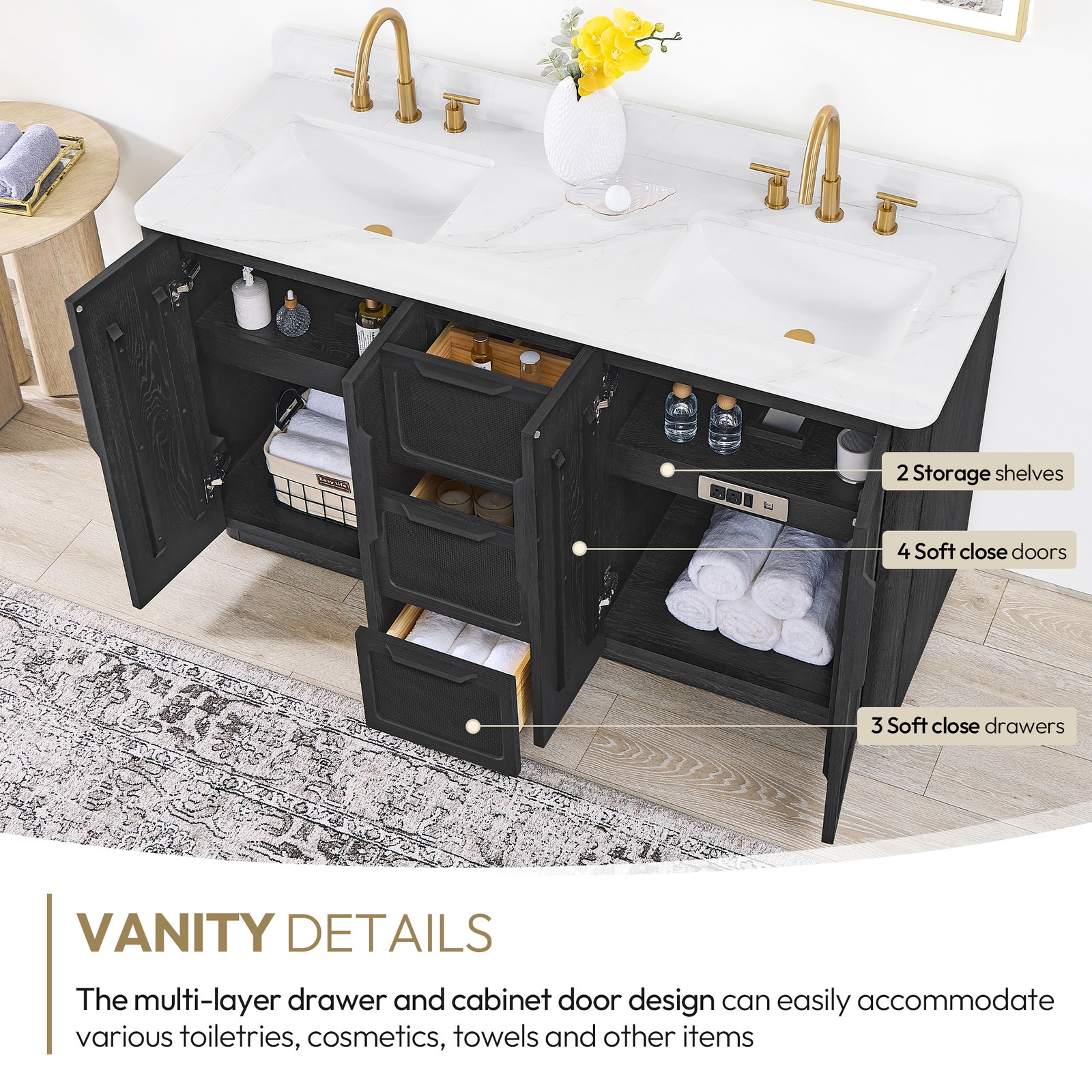Busan 60M” Double Bath Vanity in Oak Classic Black with White Quartz Stone Top
