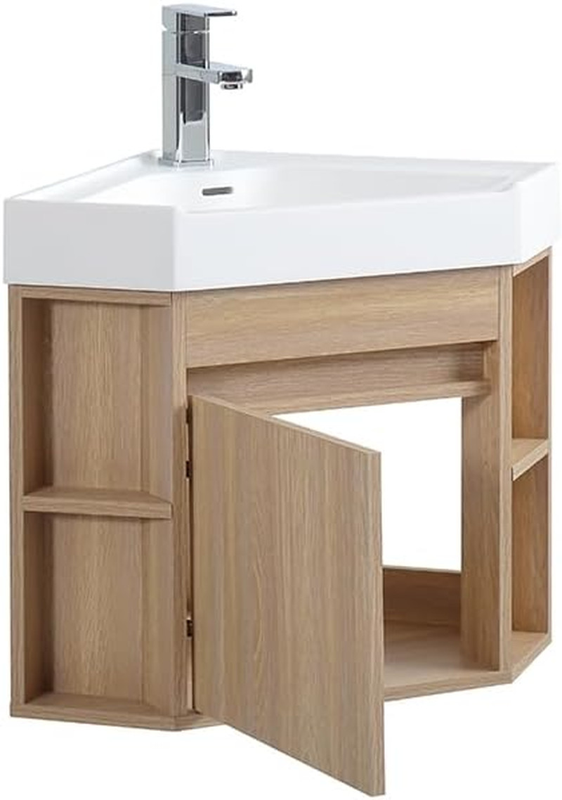 18 Inch Wall Mount Corner Bathroom Vanity with Matte Solid Surface (Light Oak)