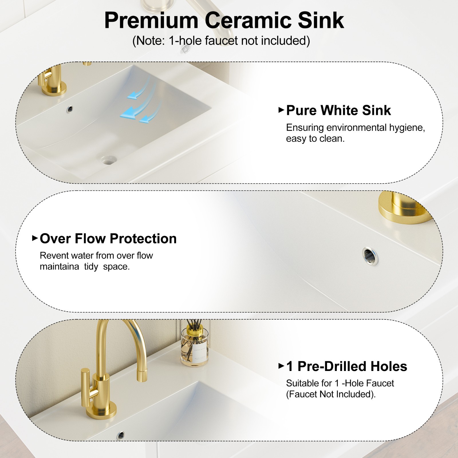 24″ Freestanding Bathroom Vanity Cabinet with Undermount Ceramic Sink 2 Doors