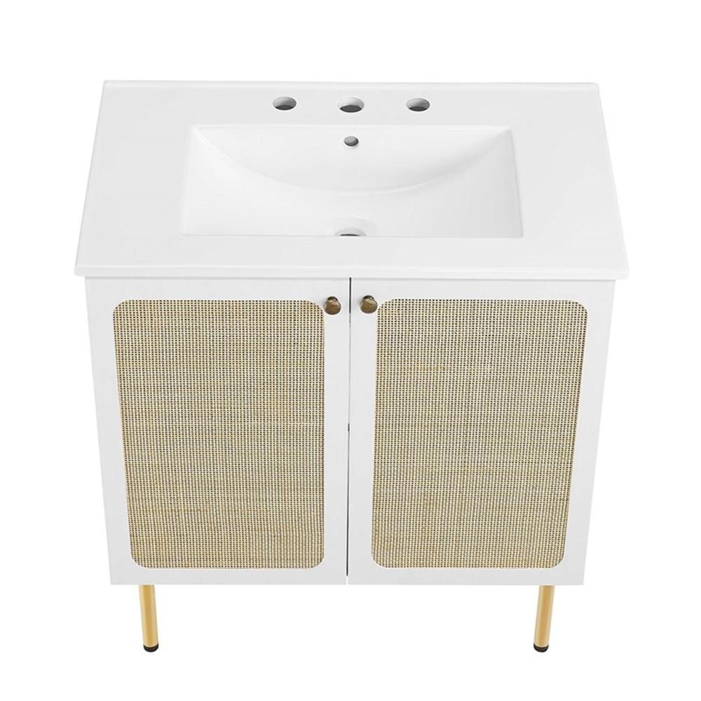 Pemberly Row 30″ Wood & Rattan Bathroom Vanity with Adjustable Shelf in White