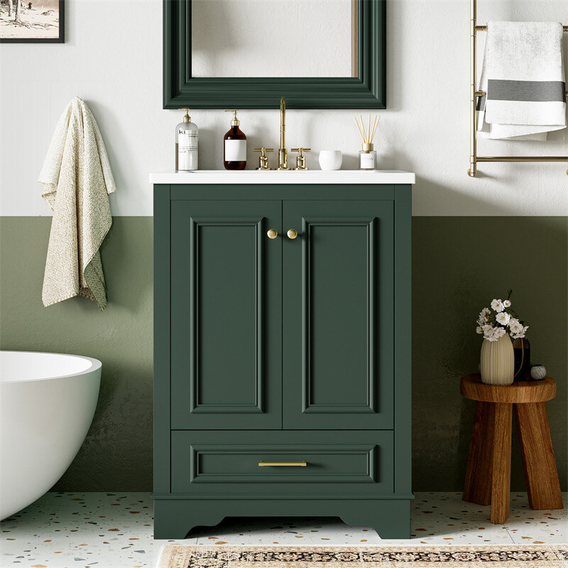 24” Bathroom Vanity with Ceramic Sink Combo Green Cabinet w/Doors & Drawers