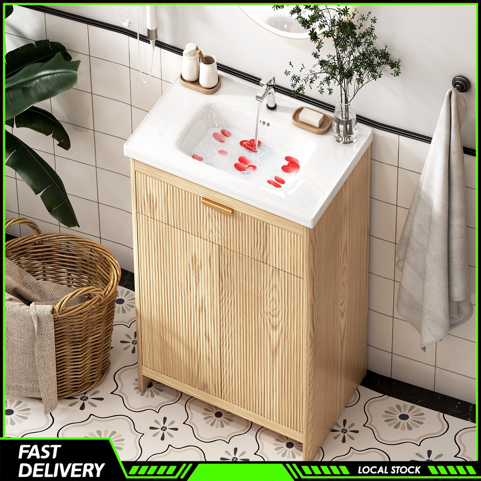 23.6 Inch Bathroom Vanity Wooden Freestanding Cabinet Ceramic Sink for Bathroom