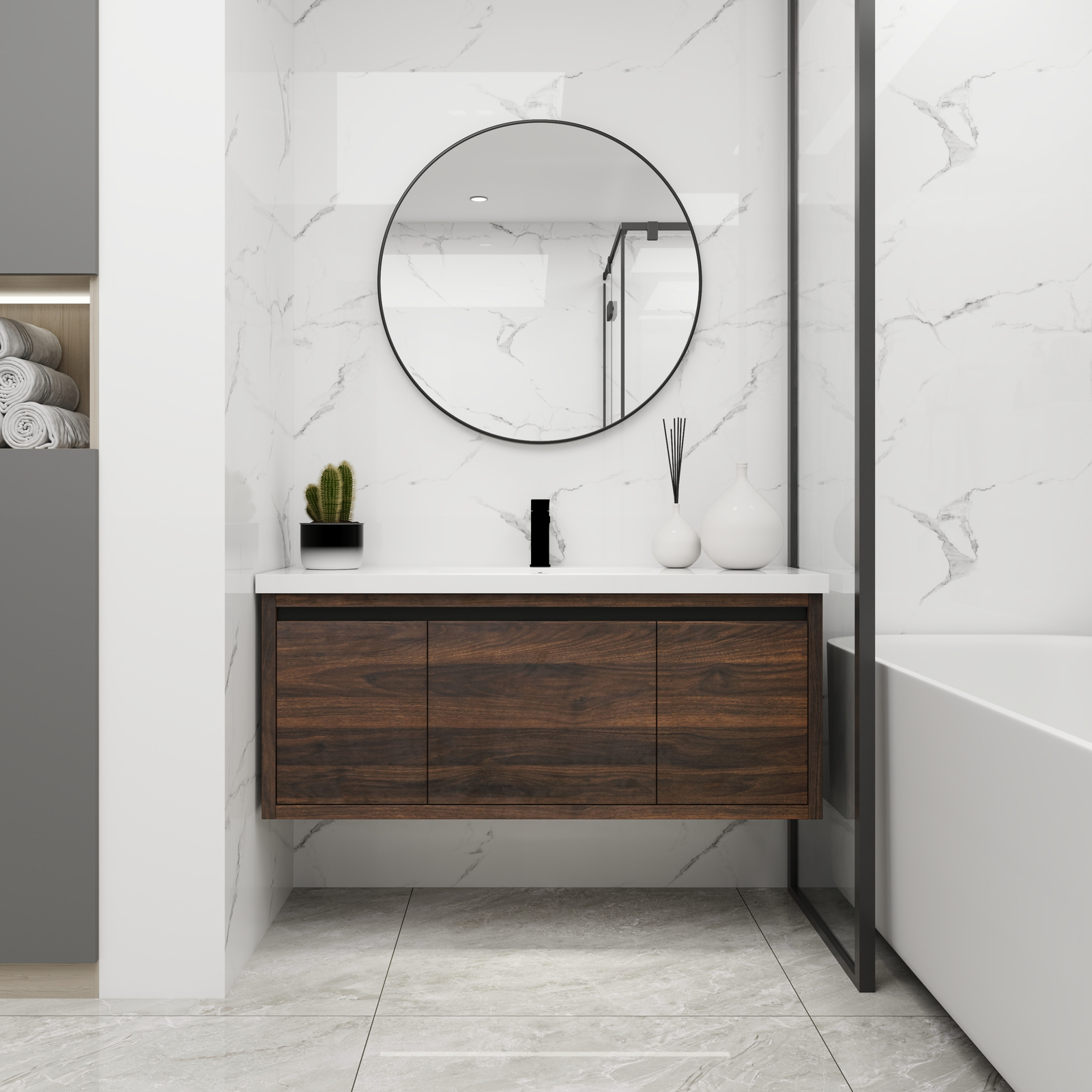 48Inch Floating Wall Mounted Bathroom Vanity Cabinet W/ Sink Doors Drawer Walnut