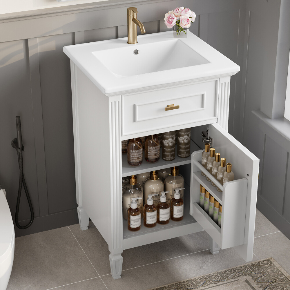 20” Bathroom Vanity w Sink Solid Wood Legs Adjustable Shelf Tilt-Out Drawer