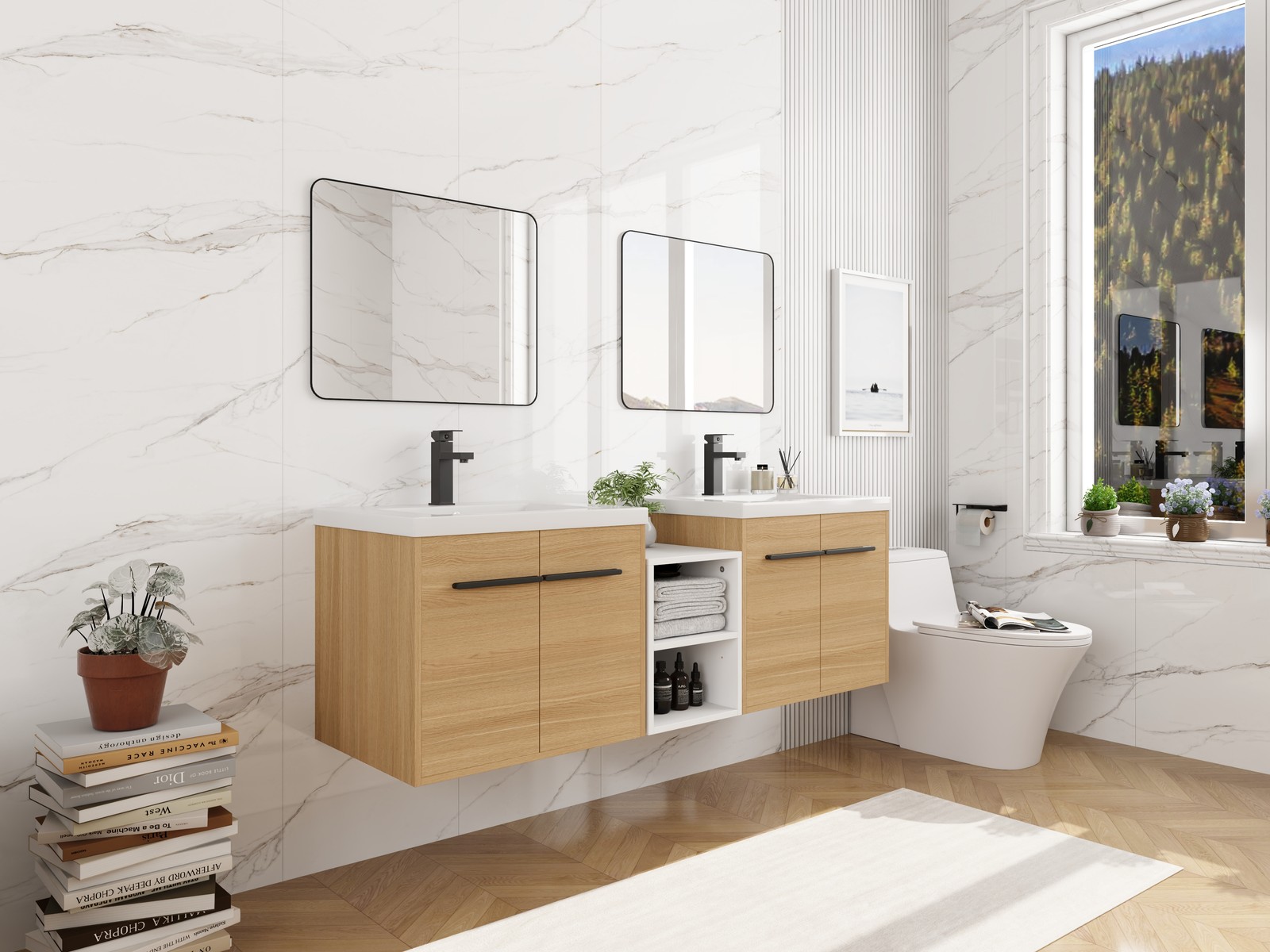 60 Inch Wall Mounted Bathroom Vanity with Resin Sink, 4 Doors & Shelves