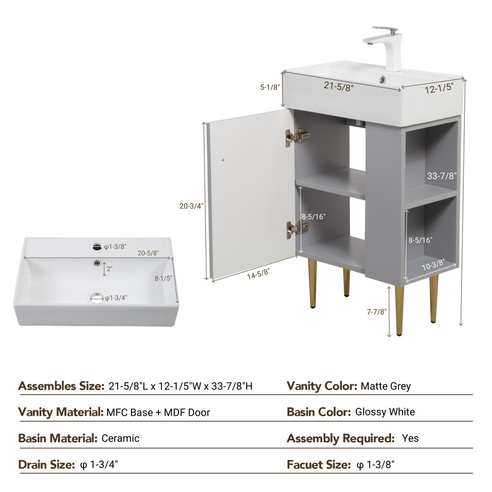 Matte Gray 21.6″ Bathroom Vanity with Ceramic Sink & Soft-Close Doors