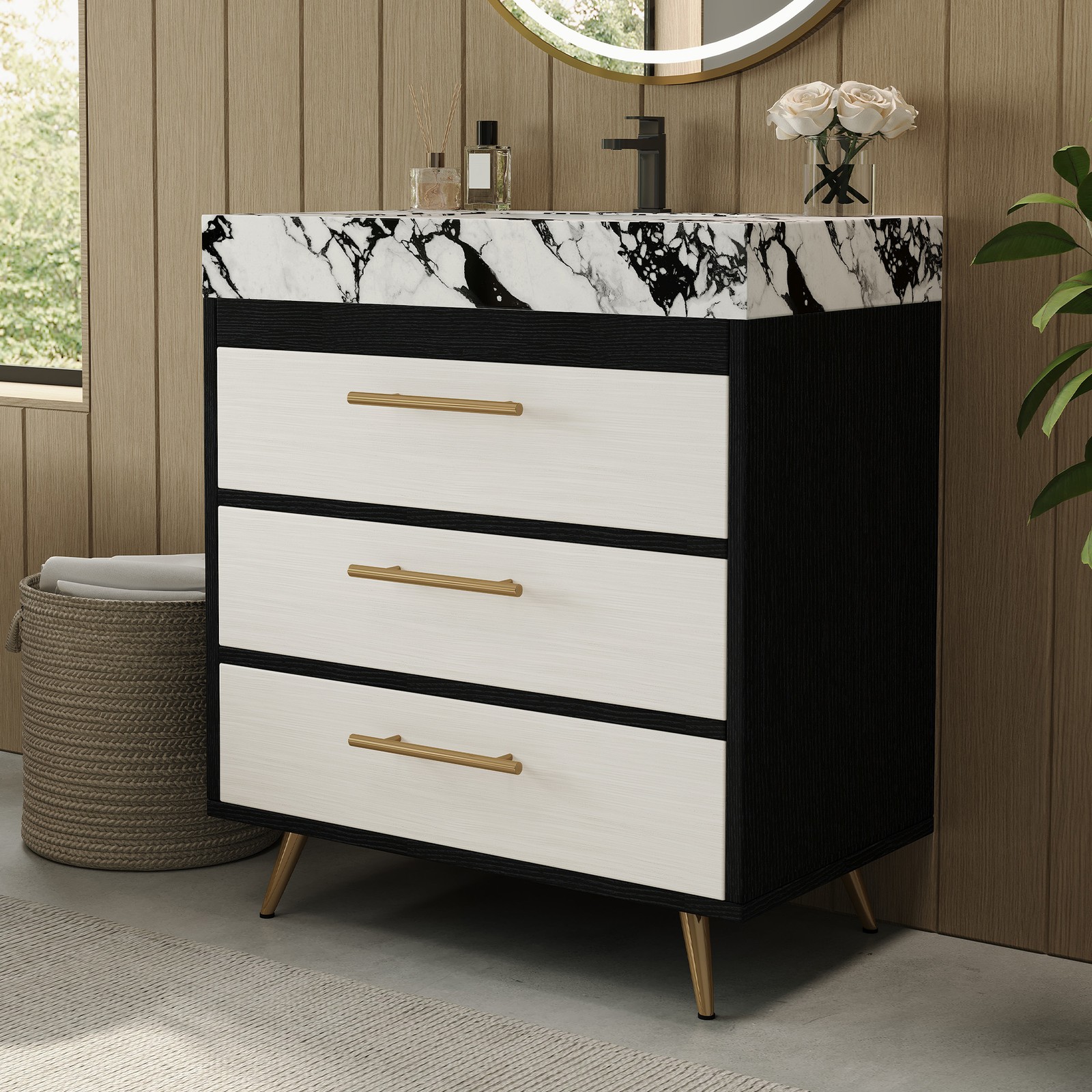 Modern Free-Standing Vanity with Sintered Stone Top & Ceramic Sink