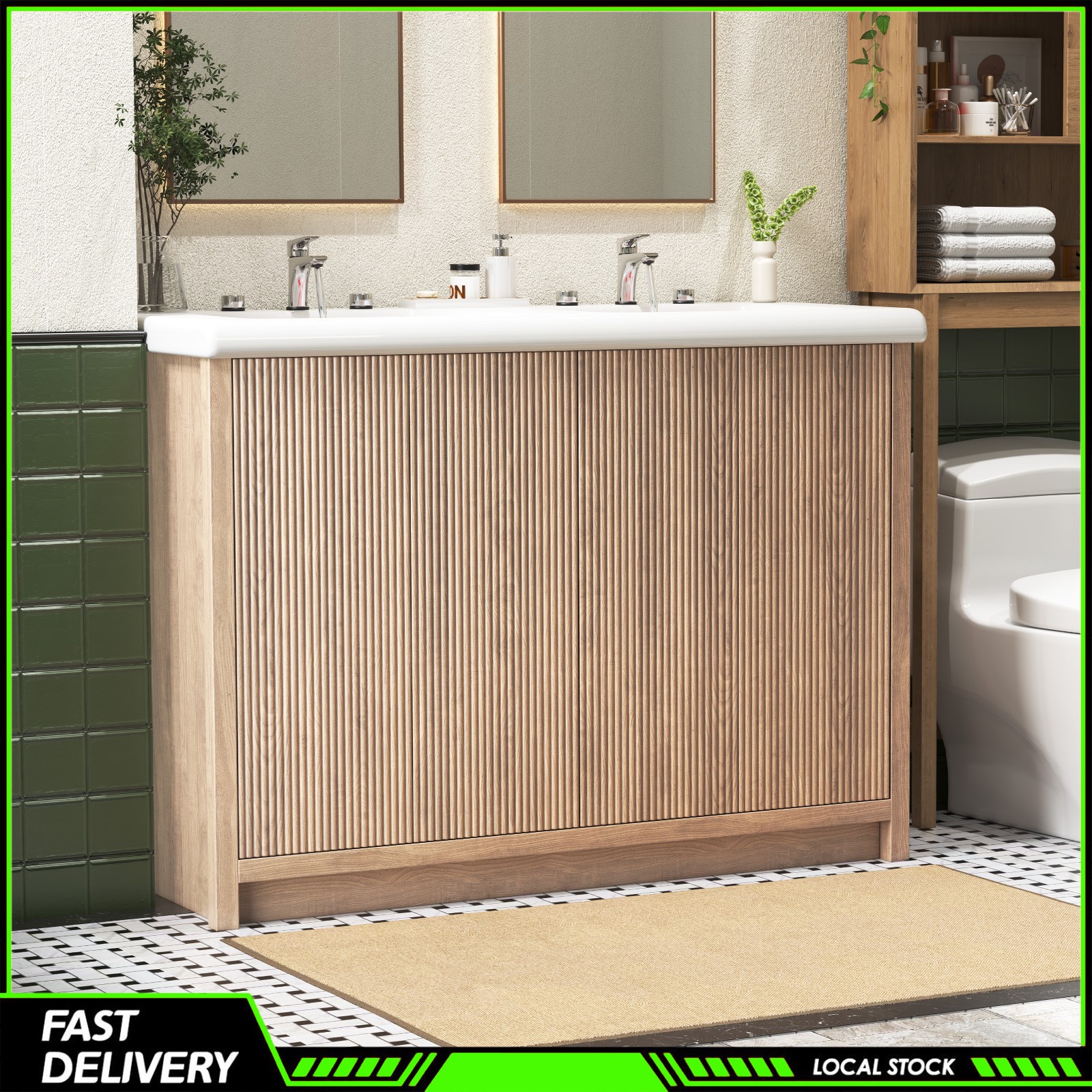 47″ Bathroom Vanity Double Ceramic Sink Freestanding Cabinet Storage With Door
