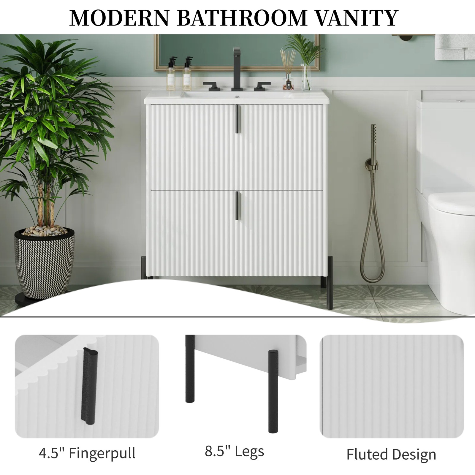 30″ White Bathroom Vanity with Ceramic Sink & Soft Close Drawers