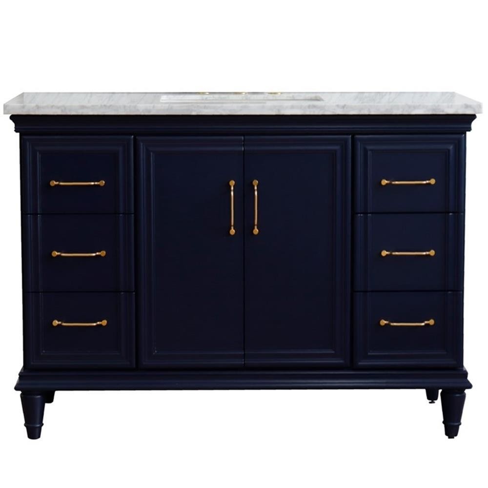 49 in. Single Wooden Vanity Blue with White Carrara Marble Rectangle Sink