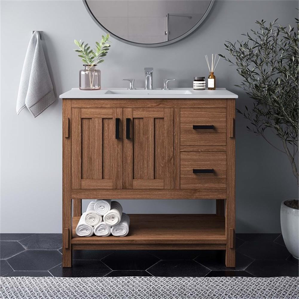 Modway Ashlyn 36″ Wood Bathroom Vanity with Open Shelf in Walnut and White