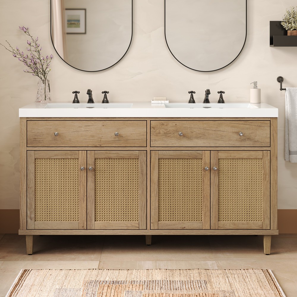60″ Bathroom Vanity w/Double Sink, 2 Drawers, Freestanding Vanity Doors Cabinet