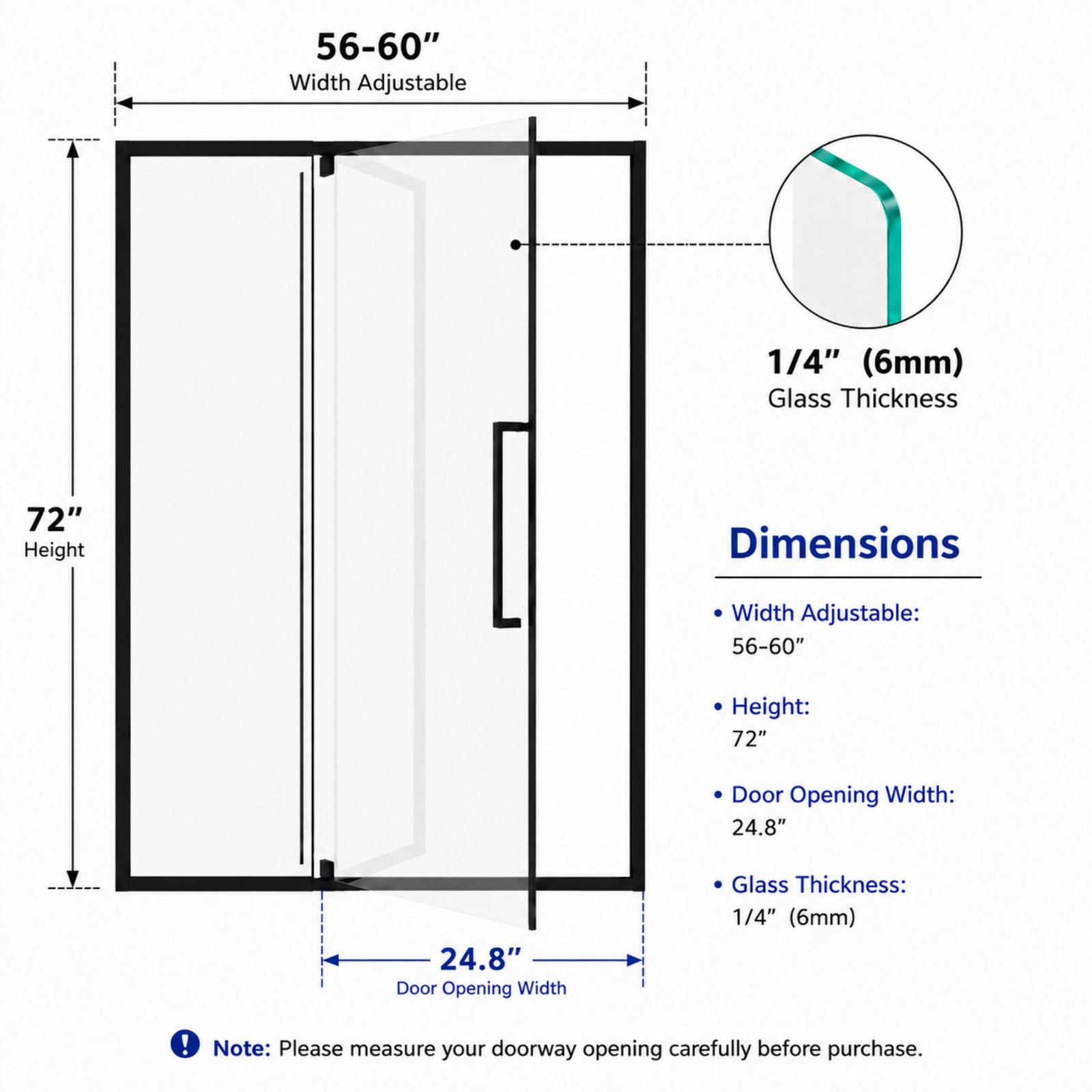 Semi-Frameless Pivot Hinged Glass Shower Door 56-60″ W x 72″ H Matte Black