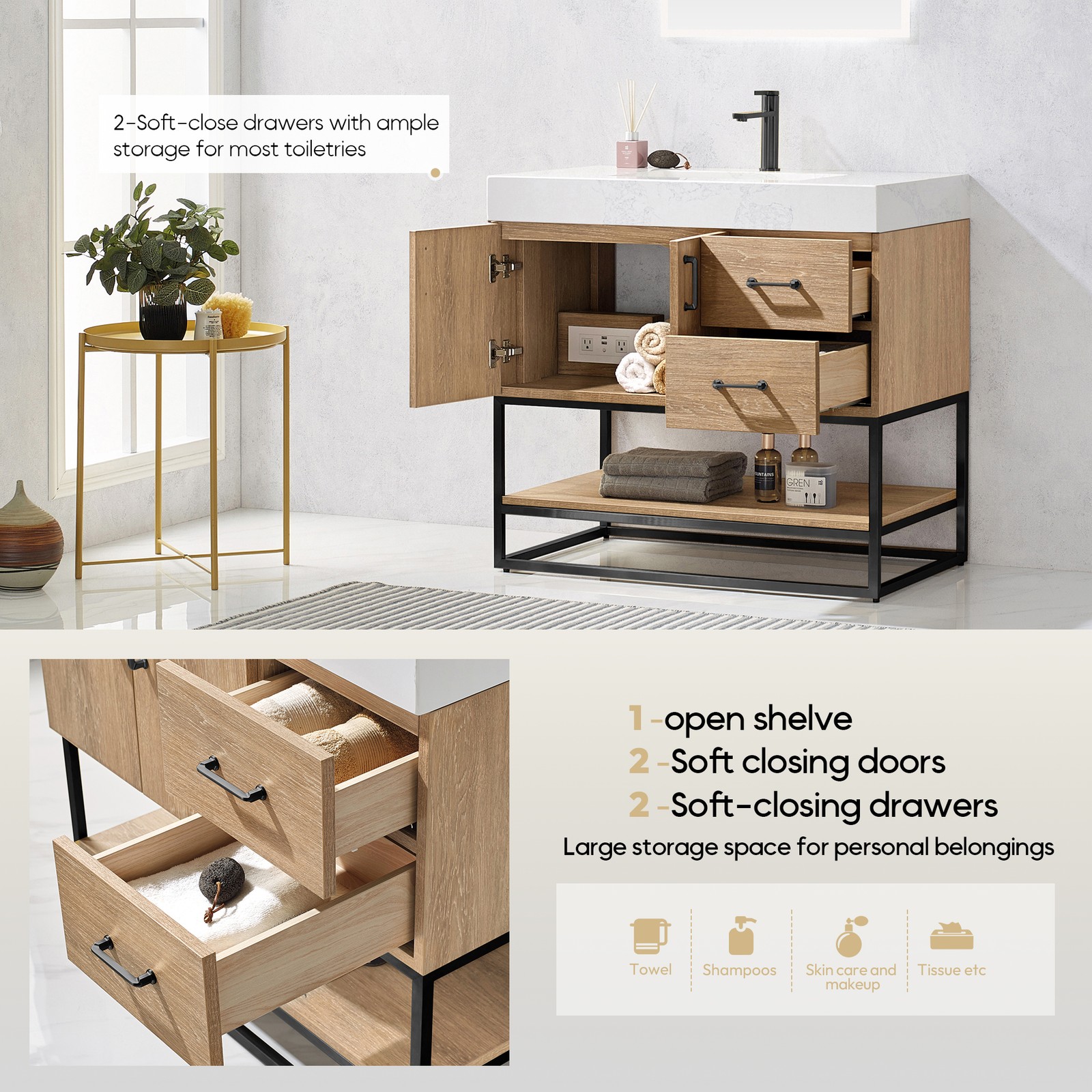 Vinnova Alistair 36″ White Stone Top Oak Single Vanity Black Frame w/o Mirror