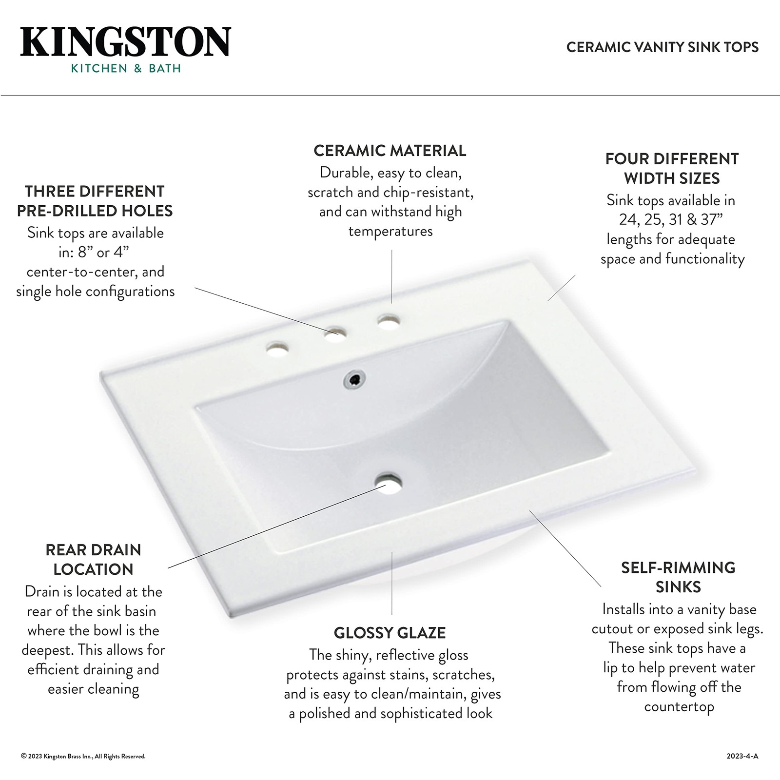 Kingston Brass LBT24187W1 Ultra Modern 24-Inch Ceramic Vanity Sink Top (1 Hole)
